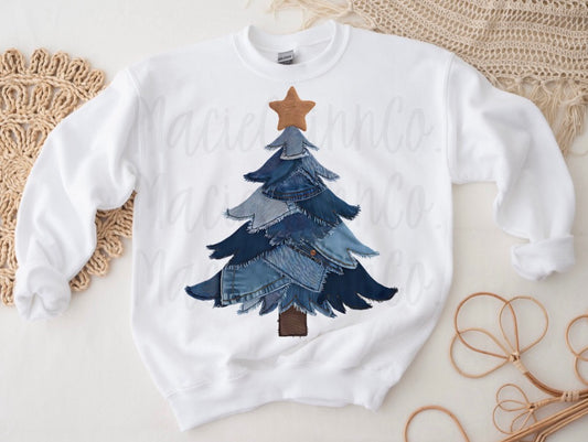 Faux patchwork denim Christmas tree